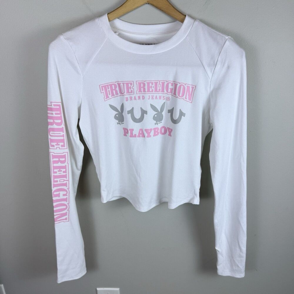 True Religion × Playboy LS Crop Top Thumbhole NWT Size M Optic White Pink Ribbed